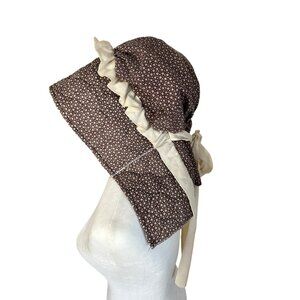 Vintage Handmade Brown Prairie Bonnet Cream Floral Pattern & Ruffle Trim ASO Lit